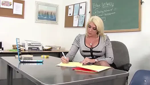 Big tits big ass blonde hot milf teacher rides the big black cock guy in the classroom