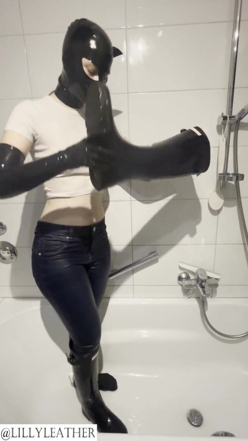Latex teen girl is pissing in rubber boots and jeans | Clip 2