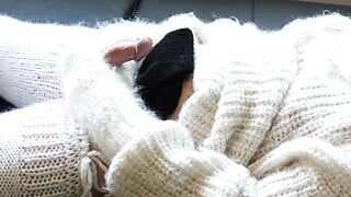화이트 모헤어 터틀넥 스웨터 점퍼 - 체이스 파이크 - 아름다운 정액 흐름 - 앙고라 벙어리 장갑