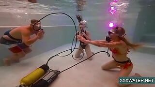 Chicas calientes con un chico en la piscina