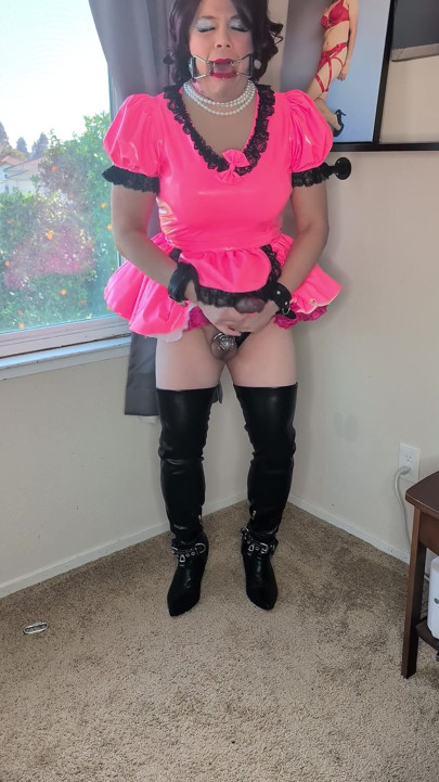 Sissy Maid Playing with Herself with Bondage, Huge Dildos, and Chastity