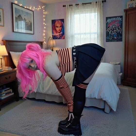 Pink haired TGirl bending forward