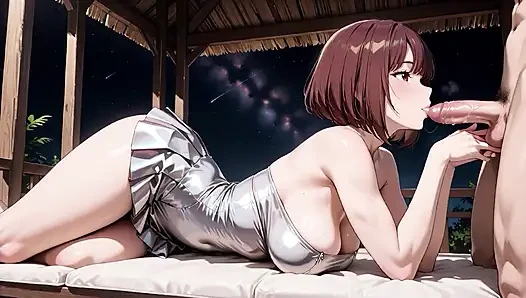 Kahverengi saçlı büyük memeli gümüş bikinili gazebo dölleme aşırı yük ahegao gözler deviriyor