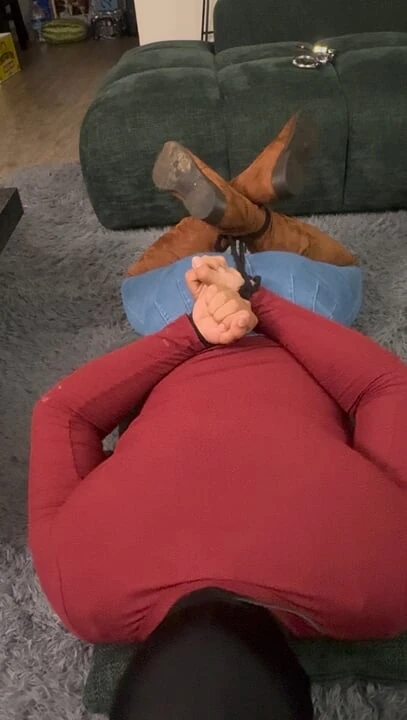 Cowgirl cross dresser hogtied, chair tied and gagged