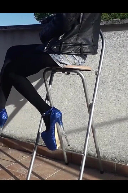 Denim Shorts, Black Tights and Gorgeous 8 Inch Heels