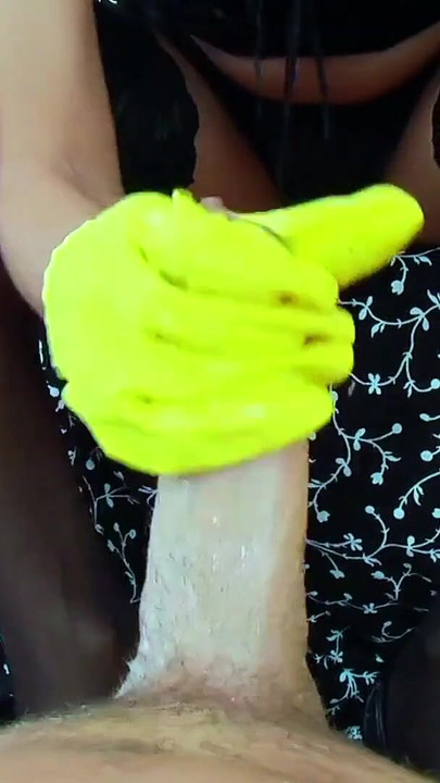 Emotional moment from "German Femdom Teen Gives Spit and Gloves Handjob To Slave's Dick in POV"