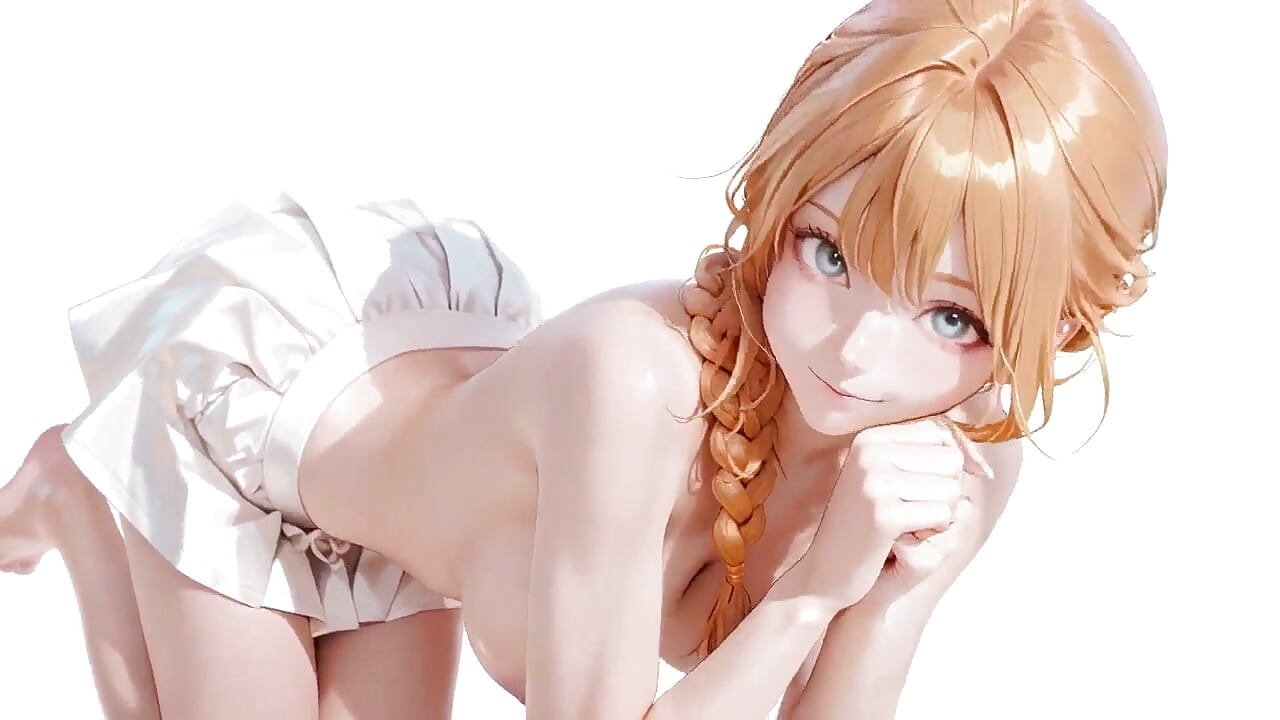 Lazy Afternoon, She Kneels on Pure White Background Biting Her Lip, White Ruffled Skirt Swaying, Fingertips Tracing Collarbones.