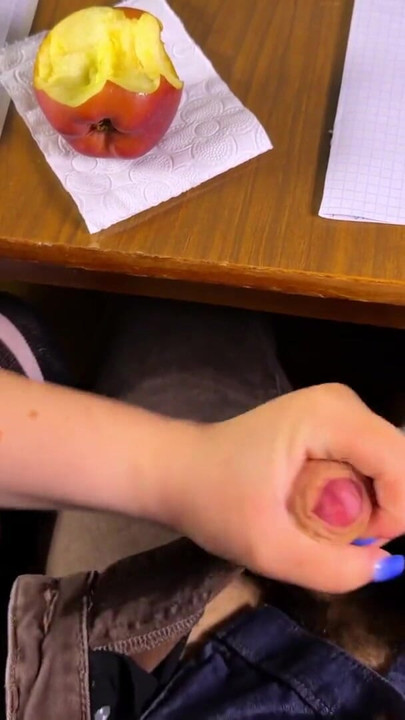 HOT HIGH SCHOOLGIRL Risks Jerking Off at the Front Desk and Eating an Apple with CUM on it | Clip 3