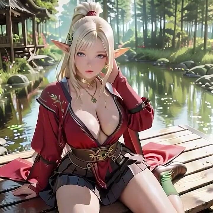 La sorcière elfe en robe rouge ! Terrasse de la forêt couverte de soleil, regard à genoux qui vous fait fondre instantanément
