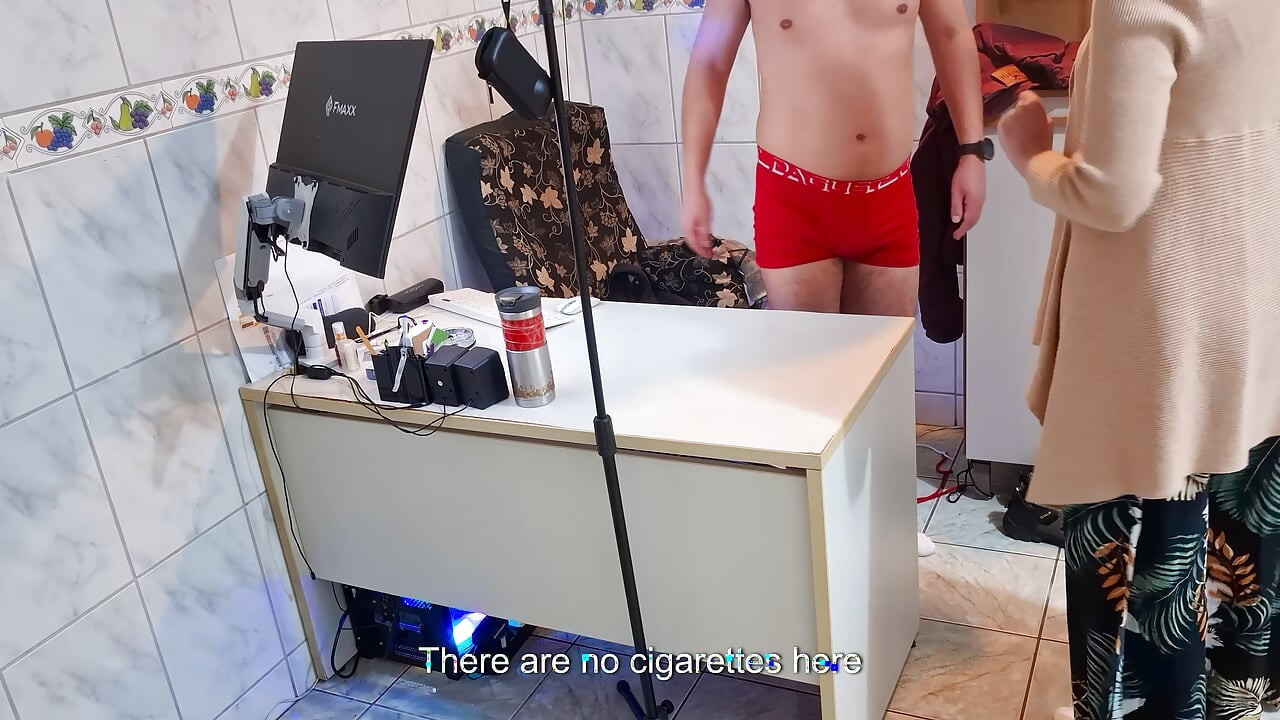 Female boss orders employee to take off his clothes and sucks his ass.