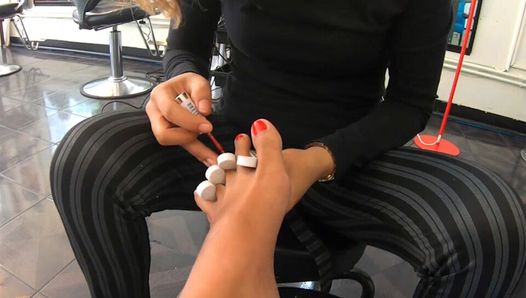 Pedicure for the Asian teen girlfriend and a footjob by her afterwards