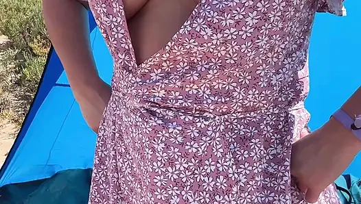 Flashing Pussy Outdoors in a Wrap Dress No Panties