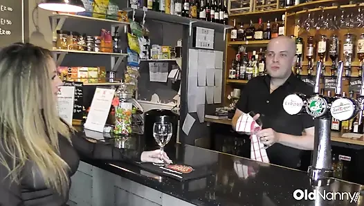 OldNanny - Blonde in Sheer Top Flirts at Bar Then Sucks Cock on Couch