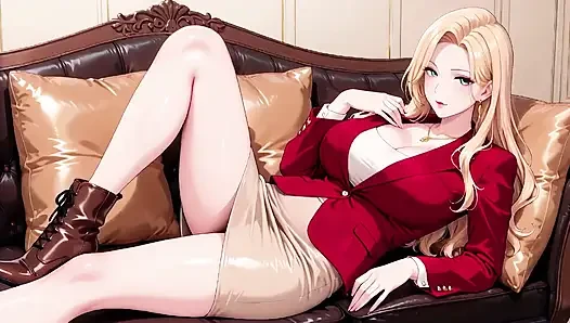 Blonde Ceo in Red Suit! Lazy Secrets on the Leather Sofa, She's Giving You Those Eyes