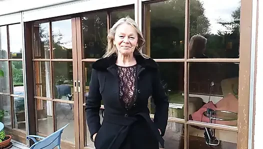 A Mature Woman Shows off Her Figure Outside in a Lace Bodysuit!