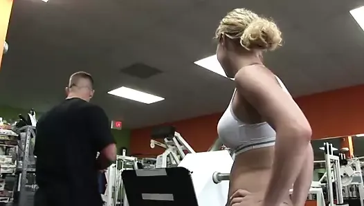 Hot gym girl sucks the trainer&#039;s pole after a workout