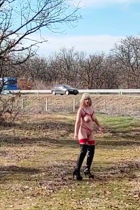 Little Whore Strips off Her Red Bodysuit on the Highway Part 2