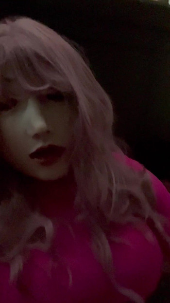 Sissy cums in pink catsuit