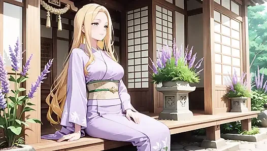 Blonde in Lavender! Kneeling Barefoot Under the Red Torii Gate, Her Andouf Fluttering in the Breeze