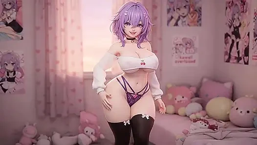 Gadis anime rambut ungu lagi asik twerking pantat montoknya sambil pakai ikat pinggang
