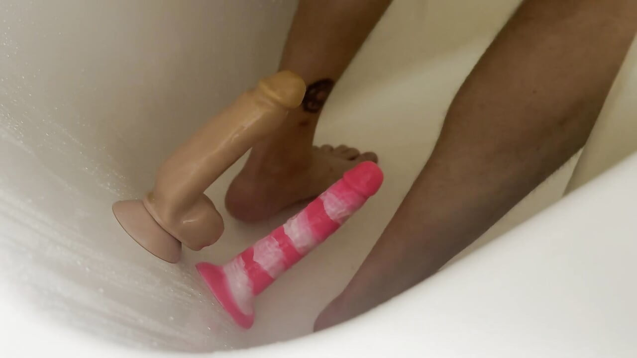 Shower Fun with 2 Big Dildos Fucking My Smooth Hole