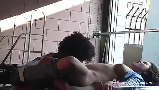 Brunette in Jersey Eats Curly Haired Babe on Garage Creeper