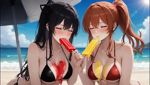 AI Gothic Beauty Meets Redhead Beauty – Beach Crossover (Eating Ice Pops)