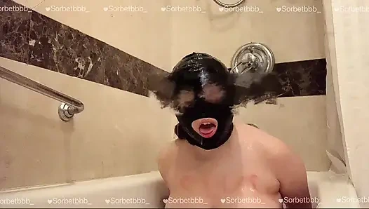 Naked Asian teen licking and playing lotion in tub