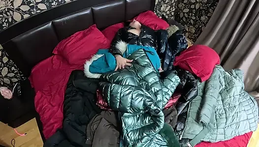 Shiny Downjacket Fetish MILF. Multiple Jackets, Rough Fuck and Cum All Over My Coat