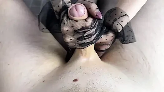 Sensitive Handjob in Nylon Gloves