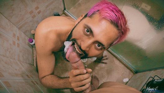 Double POV Camilo Brown Sucking My Big Twink Cock In The Shower Getting His Beard Covered In Cum