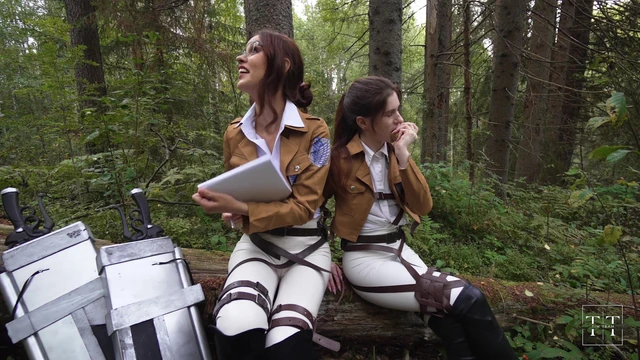 Attack on titan. Sloppy threesome blowjob for commander in the forest