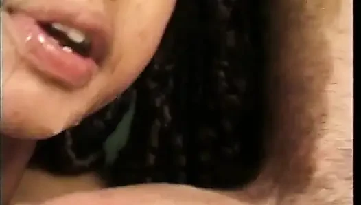 Well favored black girl with perfect body takes two cocks in all her holes