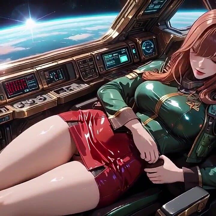 Redhead Commander in Green Sci-fi Uniform! Lazy, Teasing Vibes While Playing with Candlelight on the Spaceship Bridge.