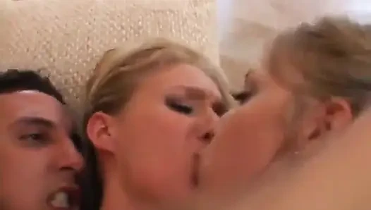 Blond bombshells have wild threesome then guzzle jizz