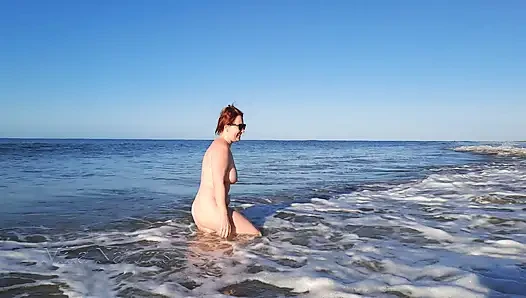 Real nudist Playing Naked in the Ocean Waves