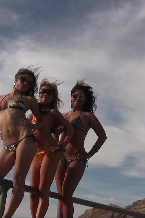 Three Girls in Bikinis on a Mountain Top Get Naked and Play with Each Other