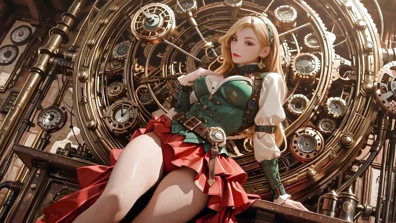 Secretară blondă Steampunk! Leneș pozează în mijlocul Giant Gears