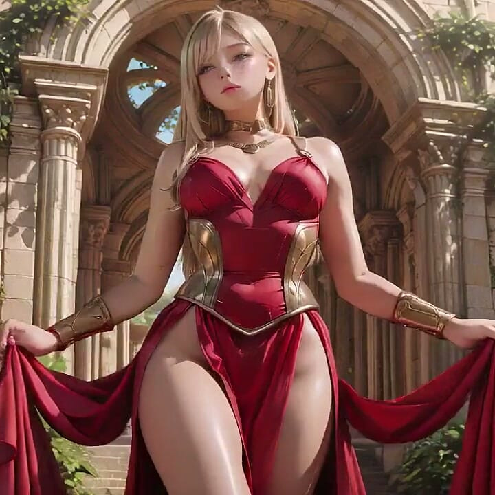 Reina rubia en rojo Sentado junto a la fuente, ajustando su vestido de hendidura. Los ojos te encerraron.