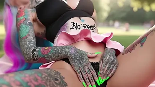 Tattooed Big Boobs Babe Masturbates in Public Park and Squirts