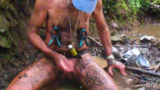 a very hard hike in stream, mud and cold water, clamps and hard wanking