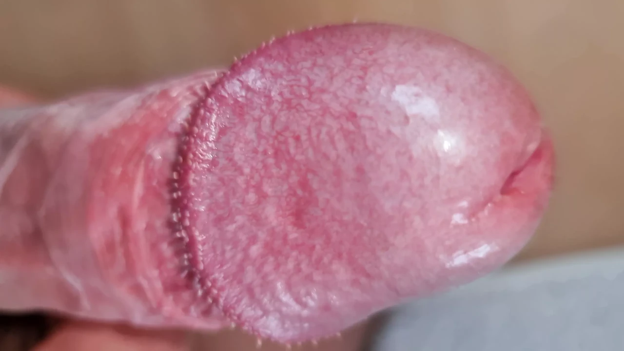 Crowned Glans with uncut Foreskin Cumshot close-up