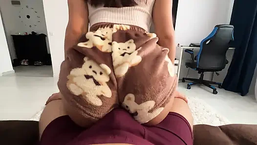 Humping! perfect Morning with stepsister in plush Pajamas ,I fucked her pussy and cumshot on perfect ass