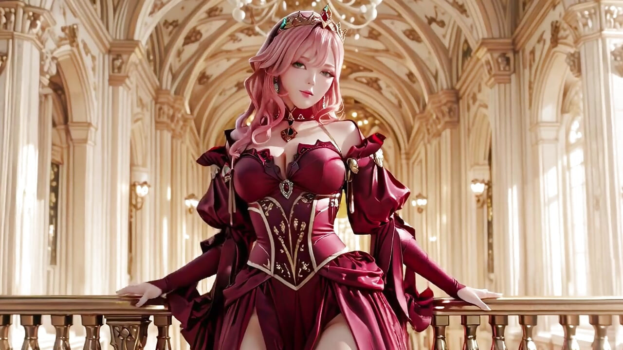 The Pink Queen's Coronation! Deep red silk, golden goblet, and a lazy gaze from the throne. Pure fantasy.