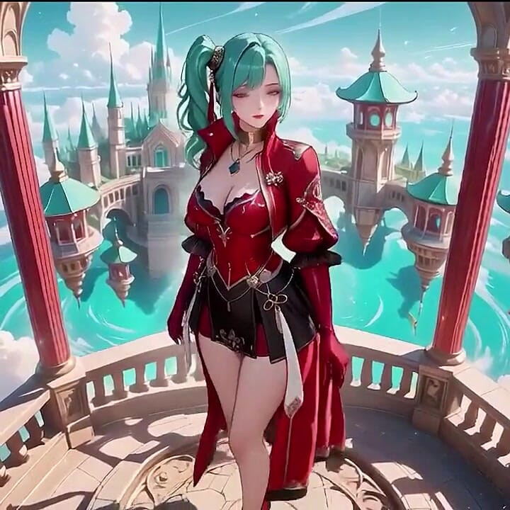 The Red-clad Blade's Private Tease! Green-haired Warrior in a Black-red Battle Robe, Commanding yet Shy on the Floating Terrace.