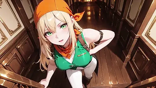 Blonder piraten-kapitän! Grüne Uniform & grobe Seile auf einem sonnigen Deck. Lange posen, lange beine bloßgestellt und dieser neckende blick