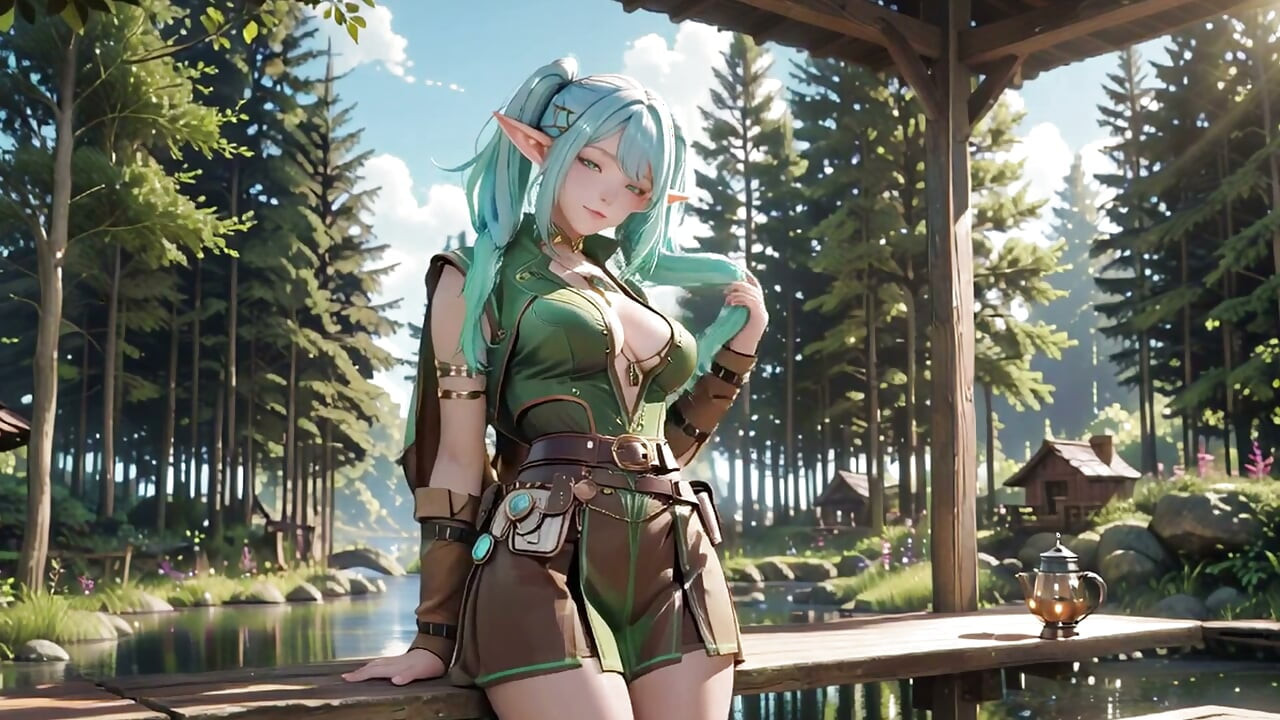 Wald-Fantasy! Blaue Elfe kniet, grüne Elfe neckt, sonnendurchflutete Magie & Zauberstab-Spiel.