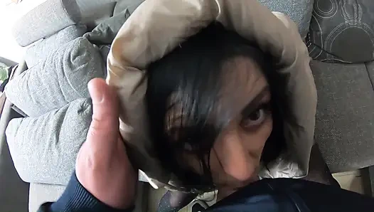 Ripped Pantyhose Slut in Puffy Downjacket. Blowjob, Doggy and Double Cum on My Coats
