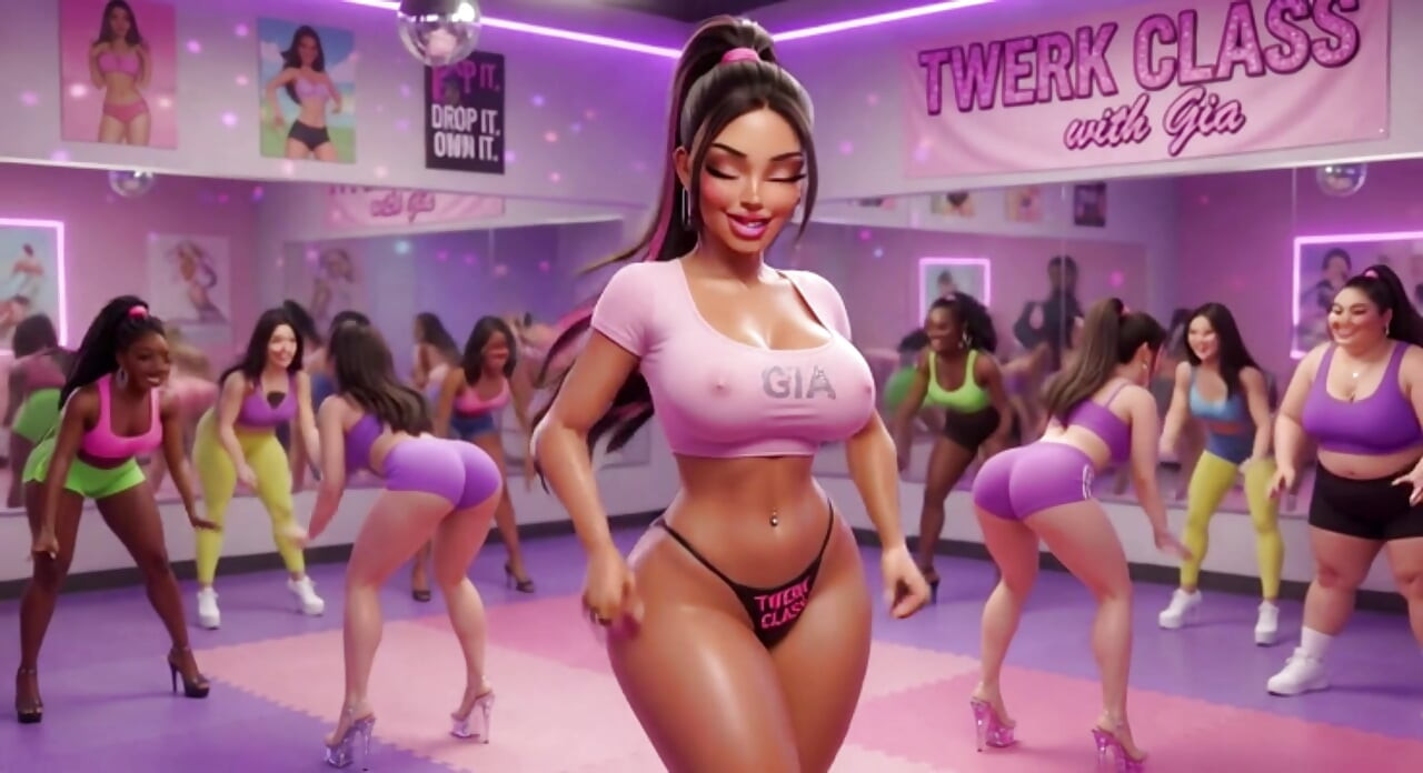 Αισθησιακή τάξη Twerking με ηδονικό εκπαιδευτή που διδάσκει προχωρημένες κινήσεις σε ενθουσιώδεις μαθητές (δημιουργία AI)