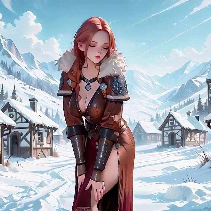 From Snowy Armor to Bedroom Sunset, She Sits Bare-chested with Arms Crossed, Eyes Hazy and Shy.